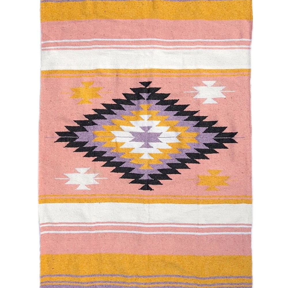 Aztec-Inspired Beach outdoor  blanket - Pink, Yellow, hand woven white black